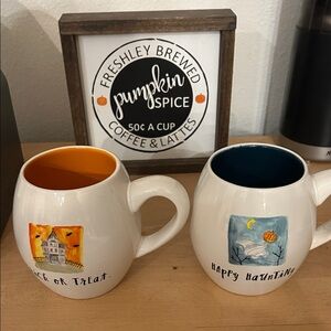 Rae Dunn Halloween Mugs with Orange and Blue Interiors